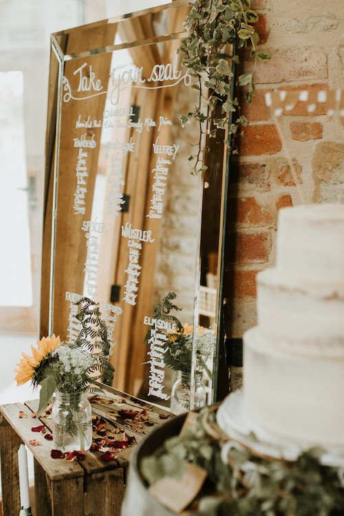 Wedding Table Plan on Mirror and Naked Wedding Cake | Wedding Photography Buckinghamshire
