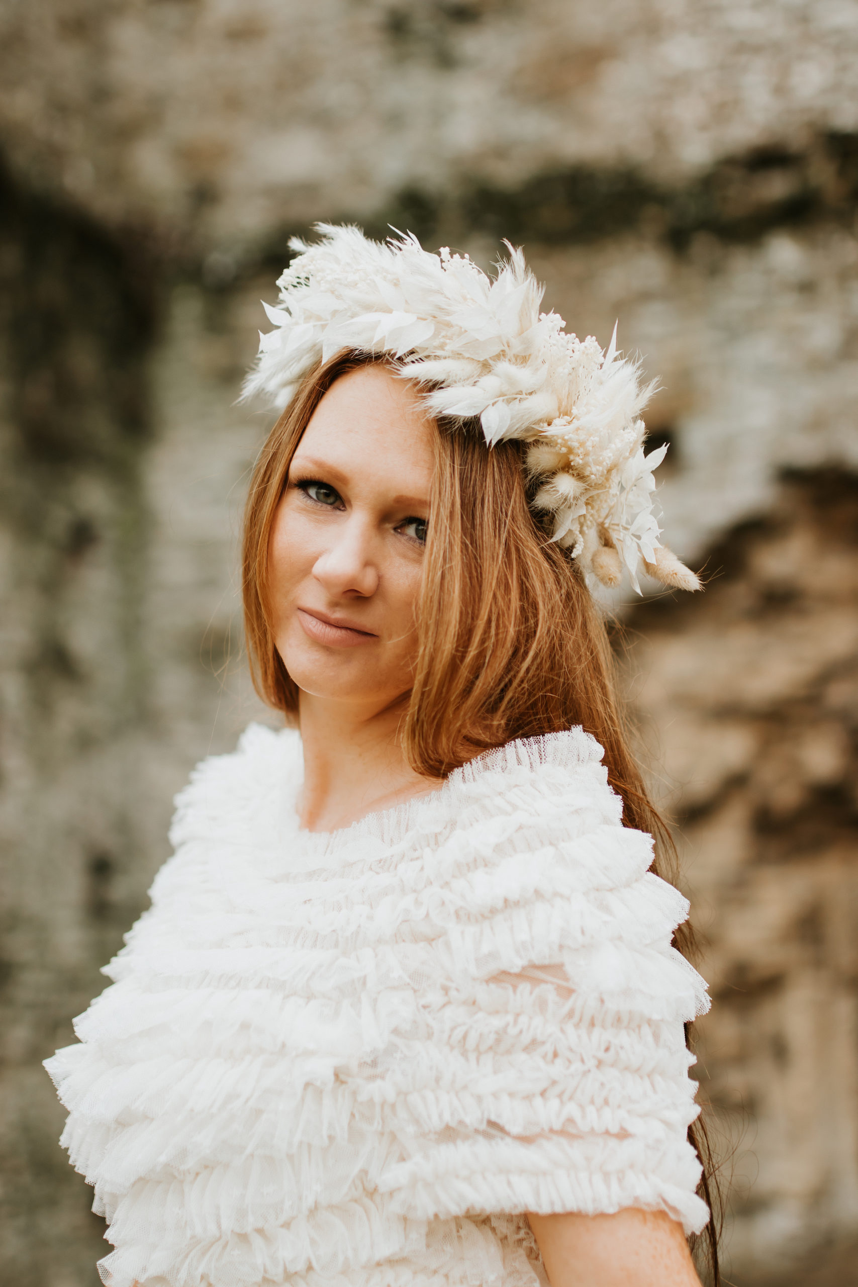 Ginger bridal portrait, wearing a cream dried flower crown | Bridal Portraits in The Cotswolds